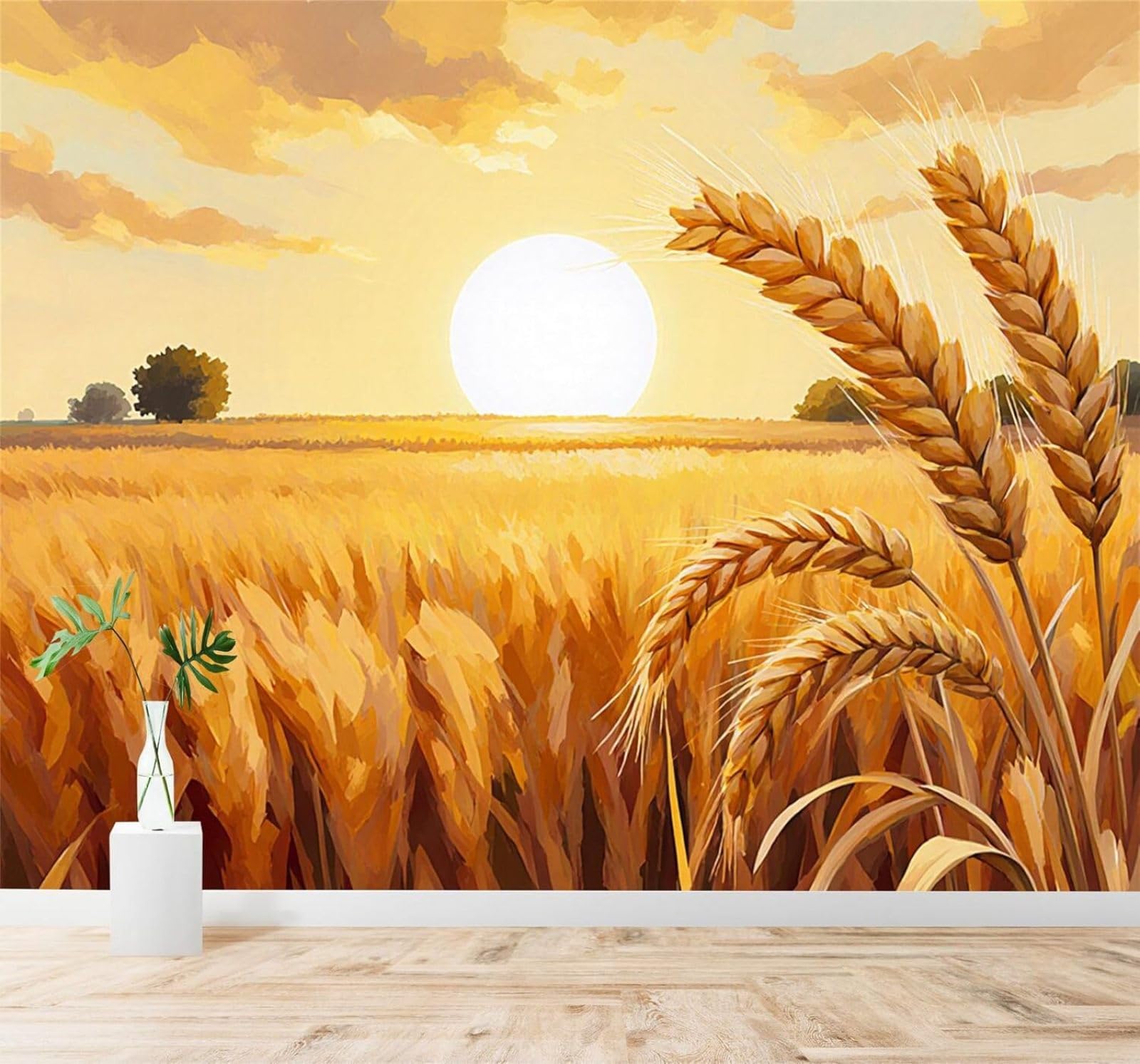 XLMING Beautiful Golden Wheat Fields Trees Sunset Rural Scenery 3D Wallpaper Silky Texture Home Study Office Grey Dining Room Sofa Bedroom Living Room TV Backdrop-400cm×280cm