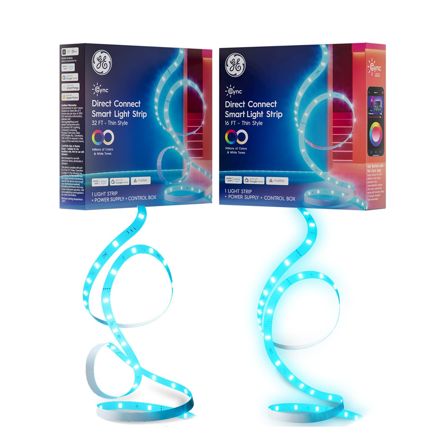 Cync GE Direct Connect Smart LED Light Strip Bundle (32ft + 16ft) – Color Changing, Matter Compatible, Compatible with Alexa & Google Home, Includes Power Cord