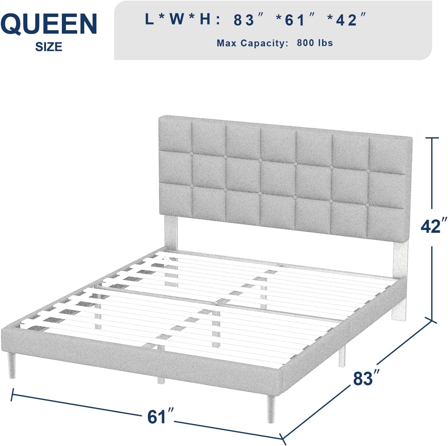 Twolike Queen Bed Frames with Upholstered Platform and Strong Wooden Slats Bed Frames, Easily Assemble and Not Box Spring Needed, Queen Grey - Image 6