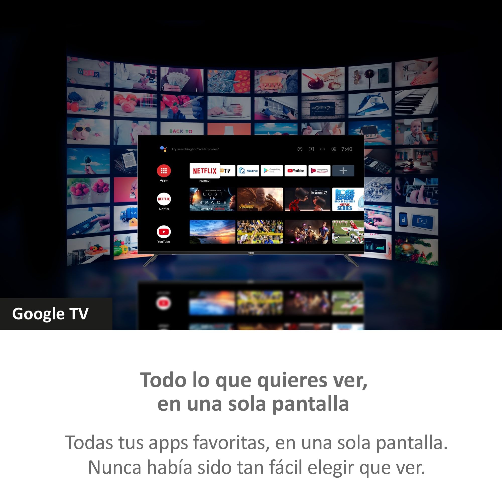 Haier Direct LED Full HD H40K85EFX - 40", Smart TV, Google TV, Dolby Audio, HDR 10, Smart Remote Control, Google Assistant, Bluetooth 5.1, DBX TV, HDMI 2.1 x 4, Sin Marcos, 2024