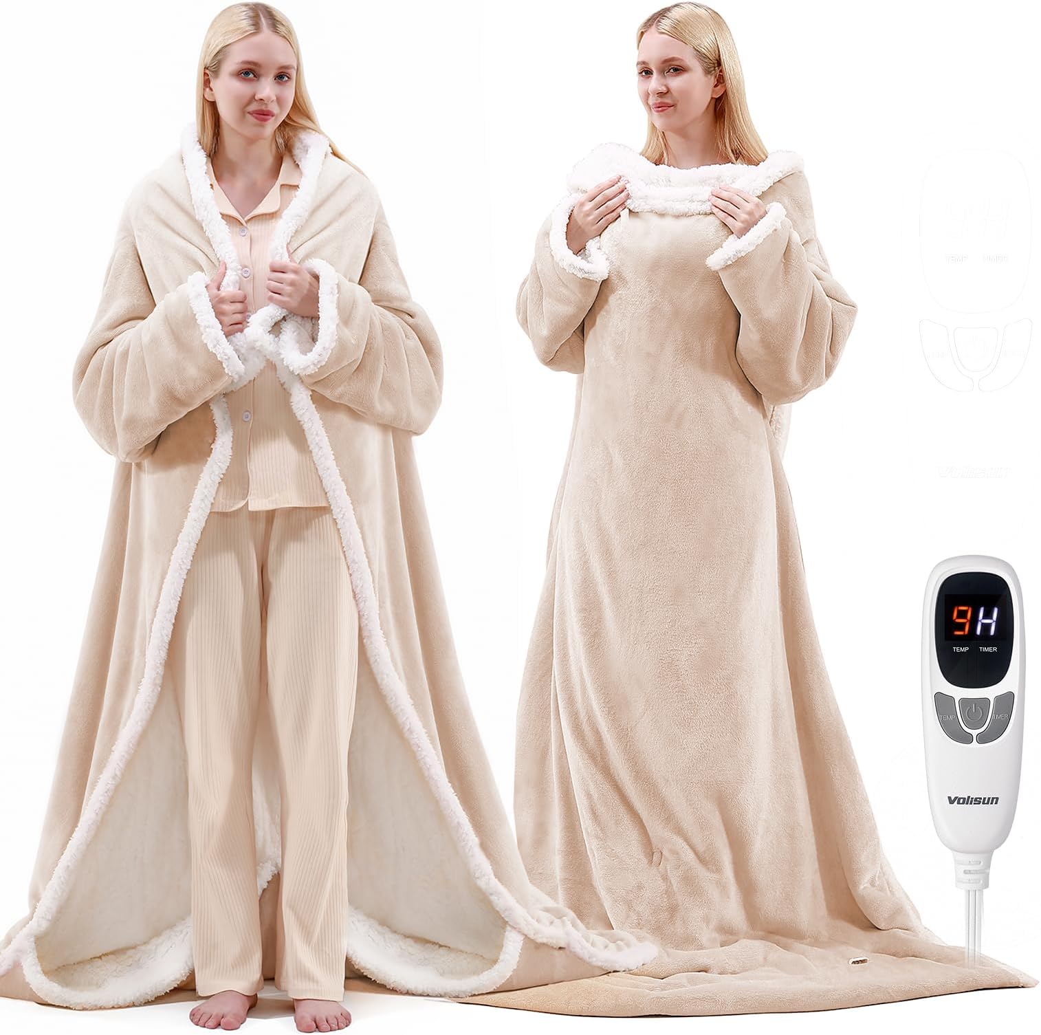 VOLISUN Wearable Heated Blanket with Foot Pocket,Electric Snuggle Throw Blanket with Sleeves,9 Heating Levels & 1-10 Hours Auto Shut Off,50x70 Inch,Beige