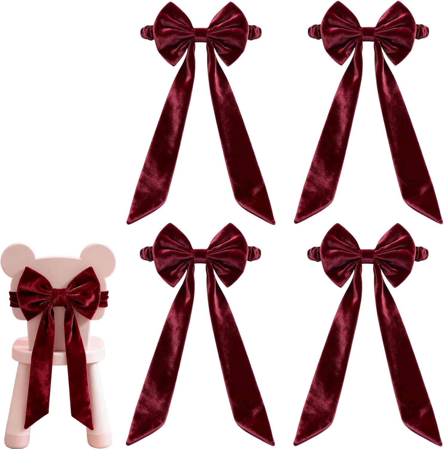 Burgundy Chair Sashes Christmas Red Chair Bows for Chairs 11.8” x 29.5“ Elastic Burgundy Velvet Sashes Chairs Bows for Christmas Banquet Home Wedding Events Holiday Event Decor Banquets Party (4)