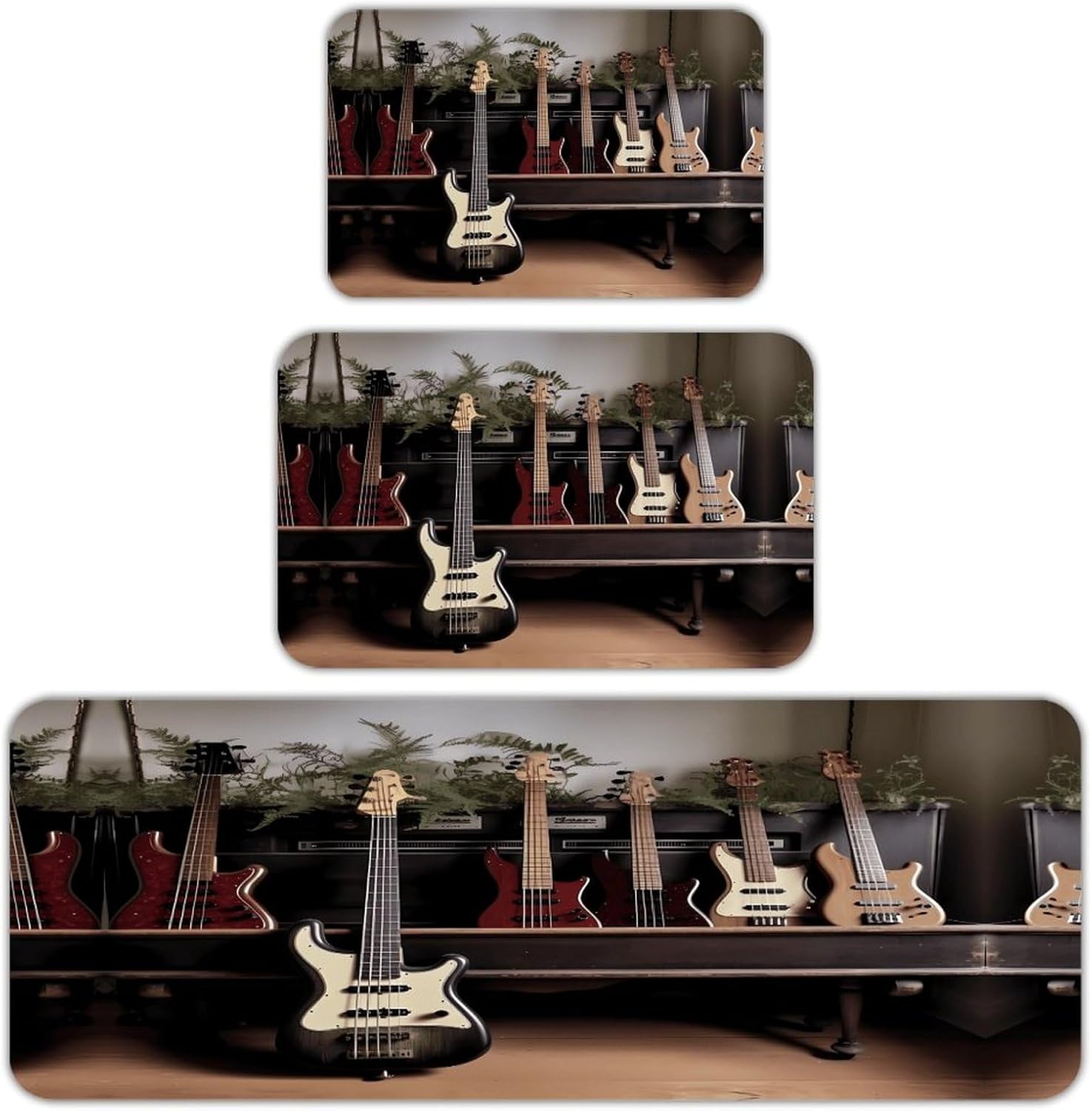 Guitar Bass Music Musical Instruments Kitchen Mat Set of 3 Waterproof Floor Mats Non-Slip Kitchen Rugs Premium Flannel Rug Heavy Duty Standing Mat for Kitchen Home Bathroom Laundry