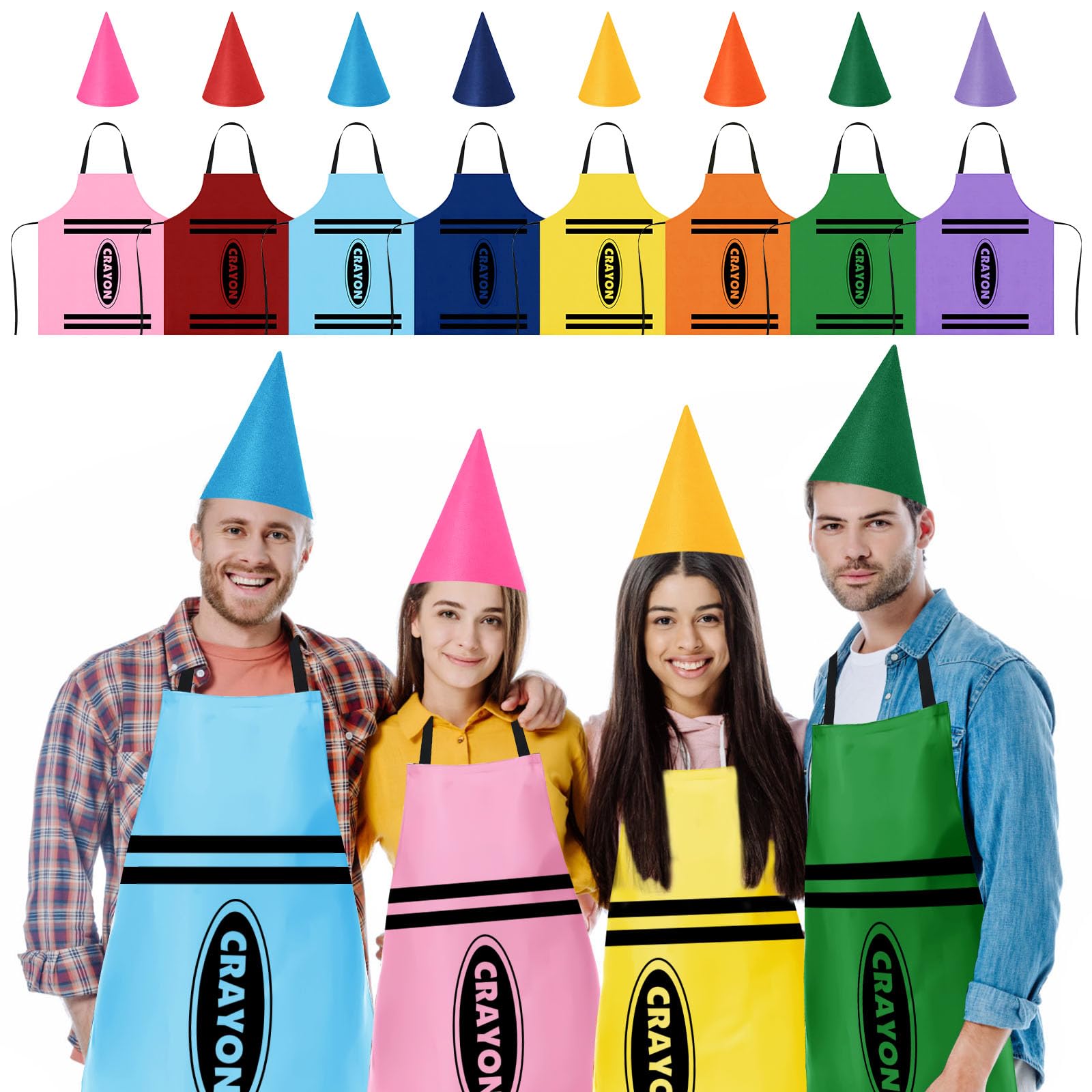 16 pezzi Costumi Matita Colorata per Adulti – 8 Grembiuli Matita + 8 Cappelli – Costume divertente Matita di Colore per Halloween, Carnevale, Cosplay e Festa a Tema