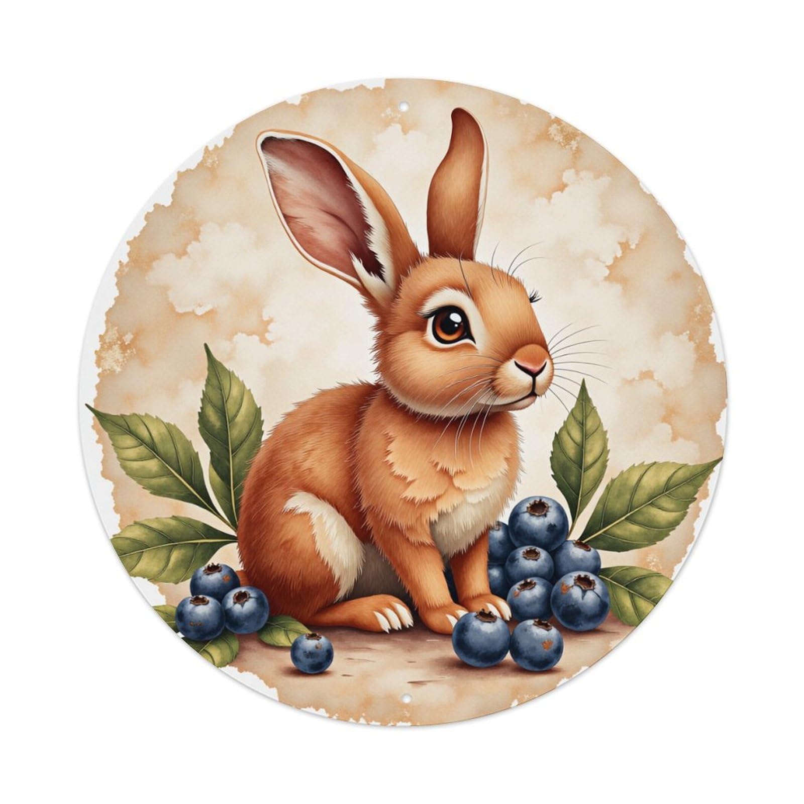 Cute Bunny Blueberries Leaves Nature Round Tin Sign Vintage Metal Poster, Home Bar Garage Man Cave Cafe Indoor & Outdoor Wall Decoration 8x8Inches
