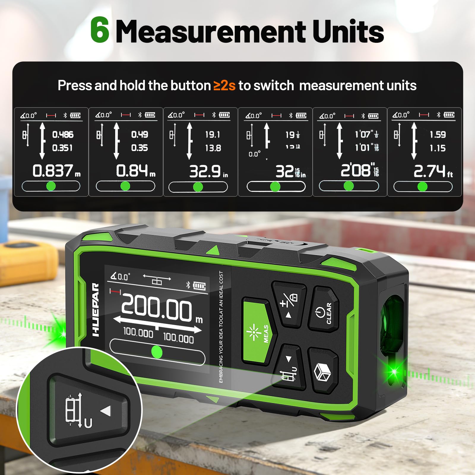Dual Laser Entfernungsmesser Mit Bluetooth, Huepar 200M Grün Laser Messgerät Entfernungsmesser mit Laser, hintergrundbeleuchtetem LCD, Messung von Entfernung, Fläche Volumen und pythagoreischem Modus