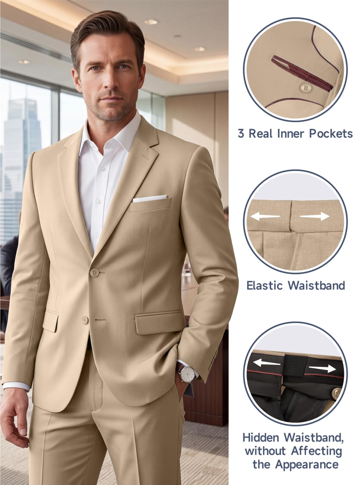 Costume 2 pièces pour homme, veste à deux boutons et pantalon, coupe ajustée, pour un mariage, le travail, un bal de fin d'année, uni
