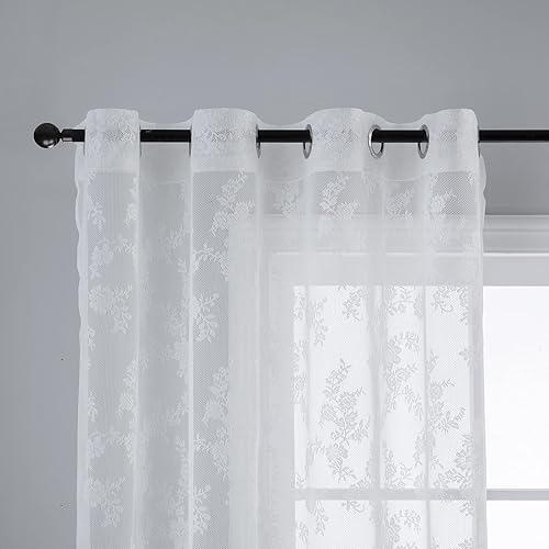 Miniatura 3 de Anytime Paneles de cortinas transparentes de encaje blanco para sala de estar, elegantes juegos de cortinas translúcidas filtrantes de luz para