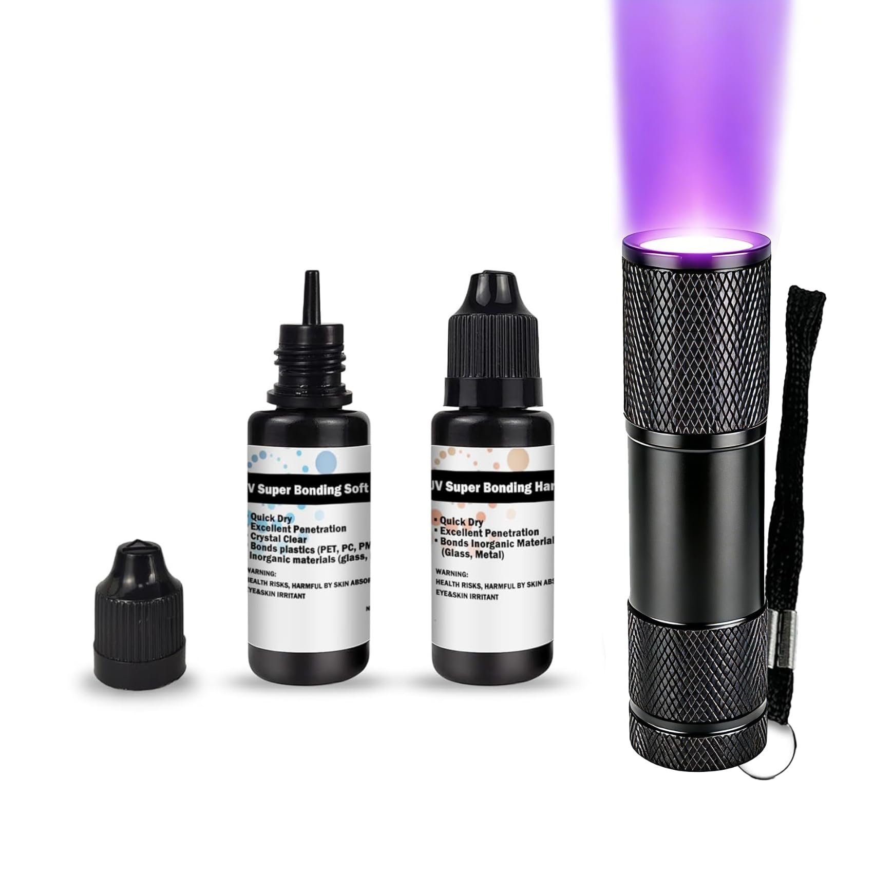 EDSRDXS UV Bonding & Welding Glue Kit UV Resin Kit Super Bonding Soft & Hard Glue with Black Light, Quick-Drying for Bonding Glass, Metal, Plastic 2 Pack Each 0.7oz (20ml x 2pack)