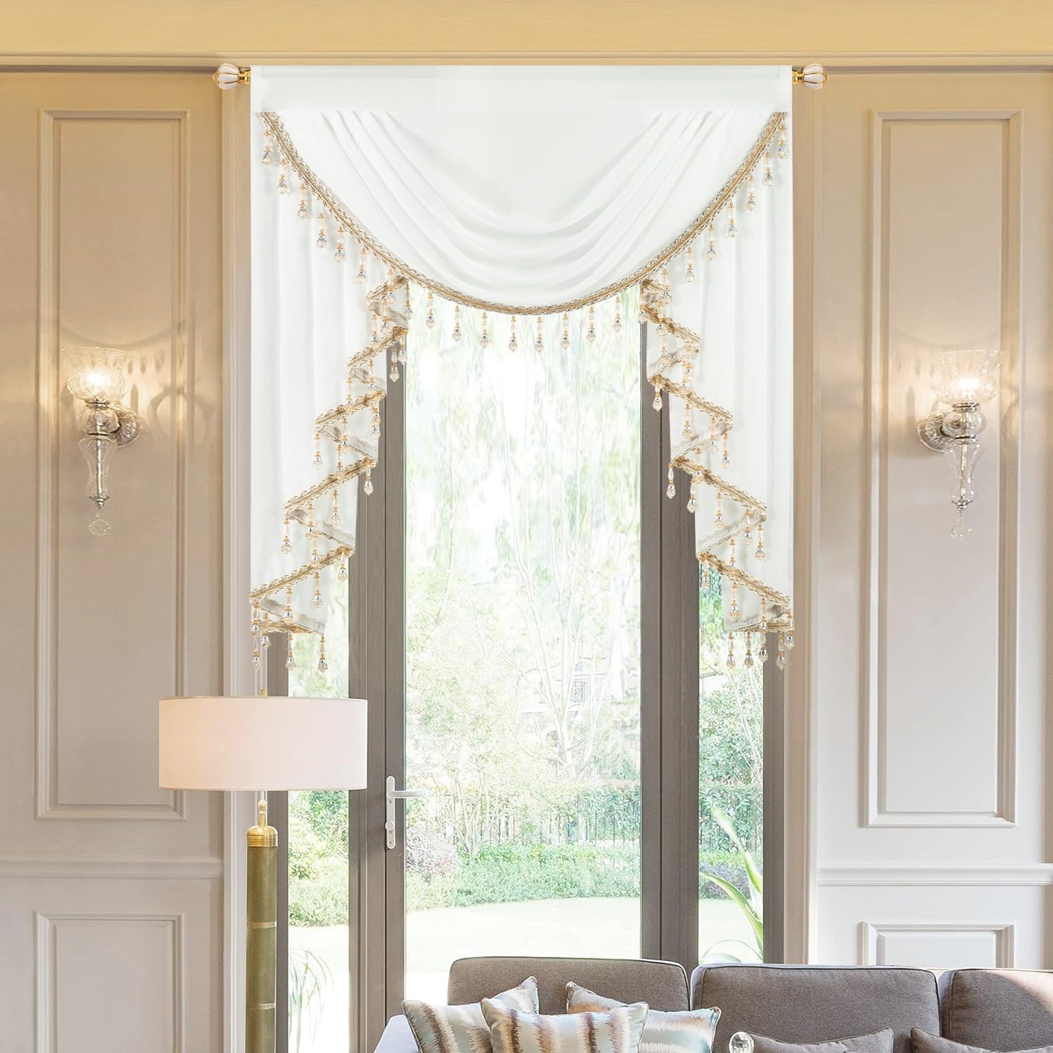 VOGOL White Sheer Valance with Shining Beads, 39 Inch Wide Waterfall Valance for Living Room, Light Reducing Silky Swag Curtain for Master Bedroom, 1