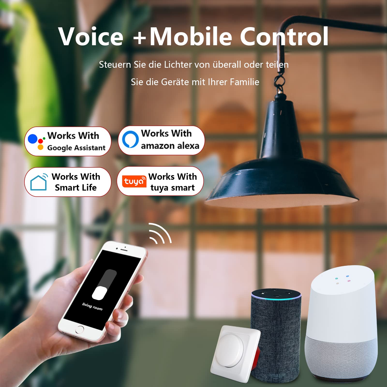 interrupteur variateur universel Wifi/Wlan, variateur LED Smart Alexa 230V, 5-200W, compatible avec Amazon Alexa, Google Home et Tuya Smart Life, garantie 3 ans (pas de neutre requis)