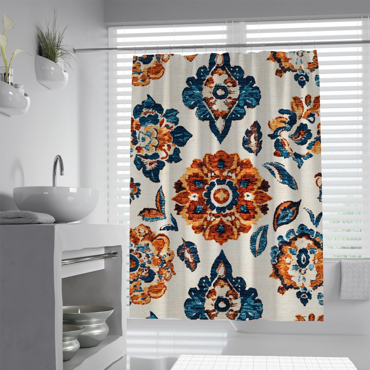 UERWOWELL Boho Floral Shower Curtain Ornate Floral Pattern Bathtub Curtains Vibrant Ethnic Style Bathroom Decor with Hooks Waterproof Quick Dry W150xL180 cm