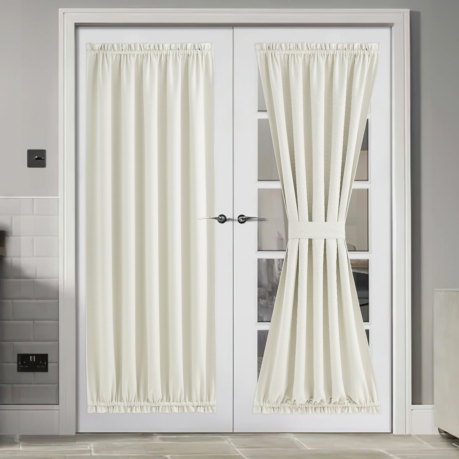 NICETOWN Natural Curtain Panel for French Door Kitchen Window Curtains Thermal Insulated Rod Pocket Faux Linen Drapes for Living Room Glass Door with Tieback, W54 x L72, 1 Panel