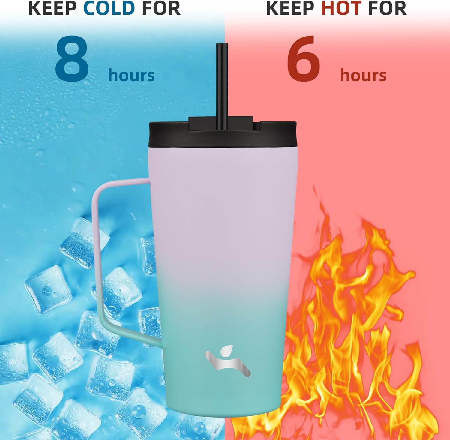 Insulated Tumbler with Handle and Straw, 18 OZ Travel Coffee Mug Stainless Steel Cup Metal Water Bottle,Lavender Green - Image 4