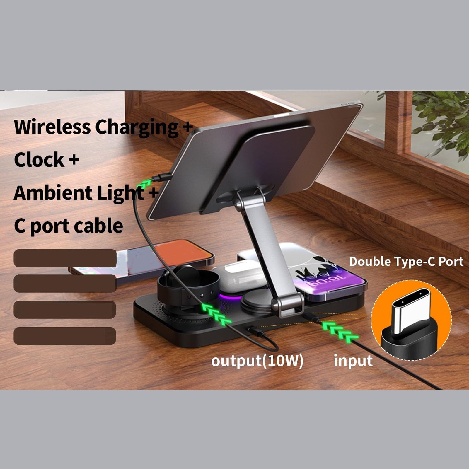 Tangxi 6 en 1 Chargeur sans Fil pour Les Appareils iOS, Station de Charge Rapide 15W avec Horloge Numérique et 6 Lumières Réglables de Couleur, pour la Série 16 15 14 Watch Series 1 à (Black)