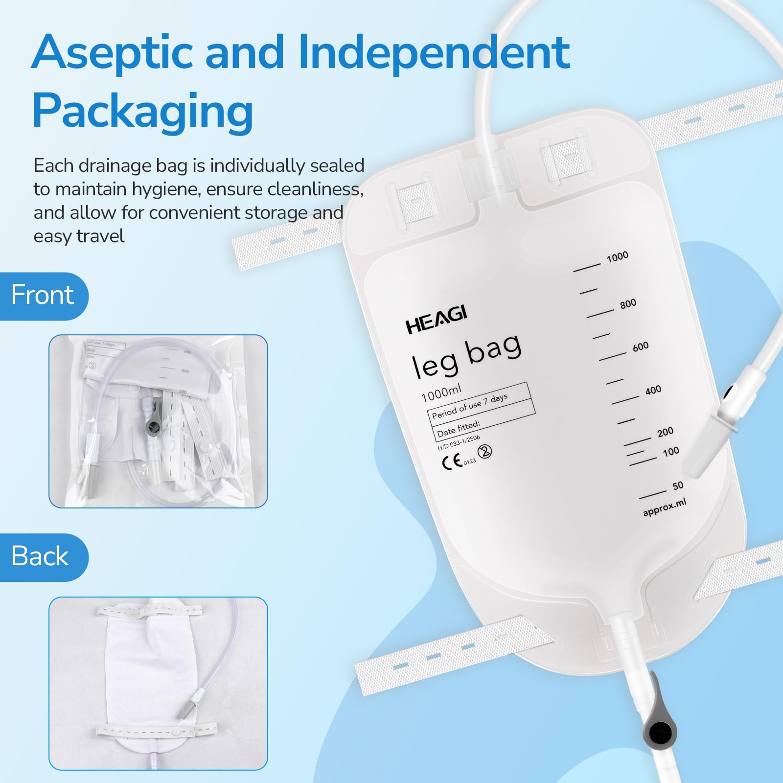 10 Stück Urinbeutel, 1000 ml Urinbeutel Beinbeutel mit Rückflussverhinderer, 45 cm Schlauch und verstellbaren Stoffgurten, Easy Flip Drain, Katheterbeutel für Männer und Frauen