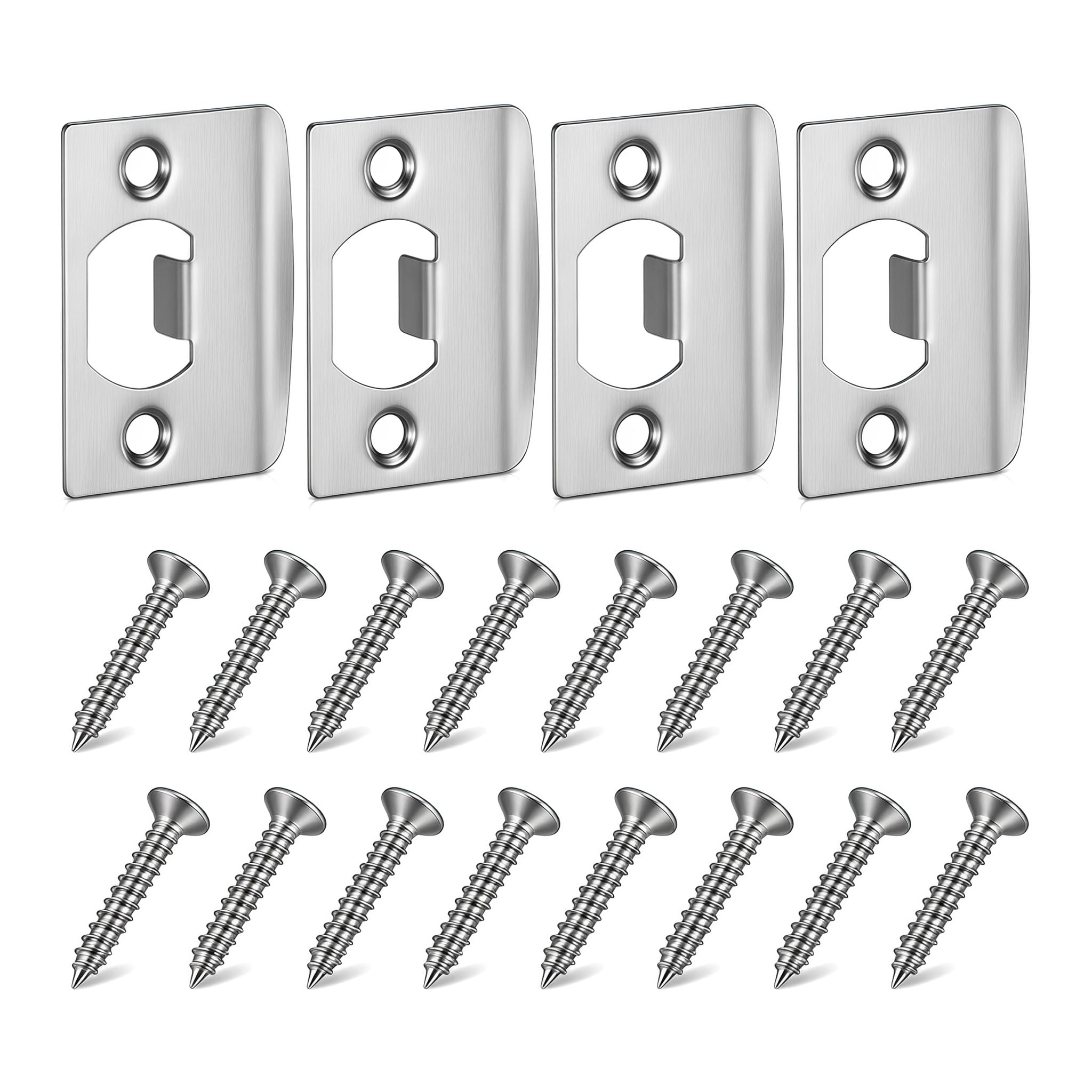 4 Pack Stainless Steel Door Strike Plates with 16 Screws, Door Latch Plate Repair Kit for Interior Door Frame Repair, Door Lock Strike Plate Reinforcement for Home and Office
