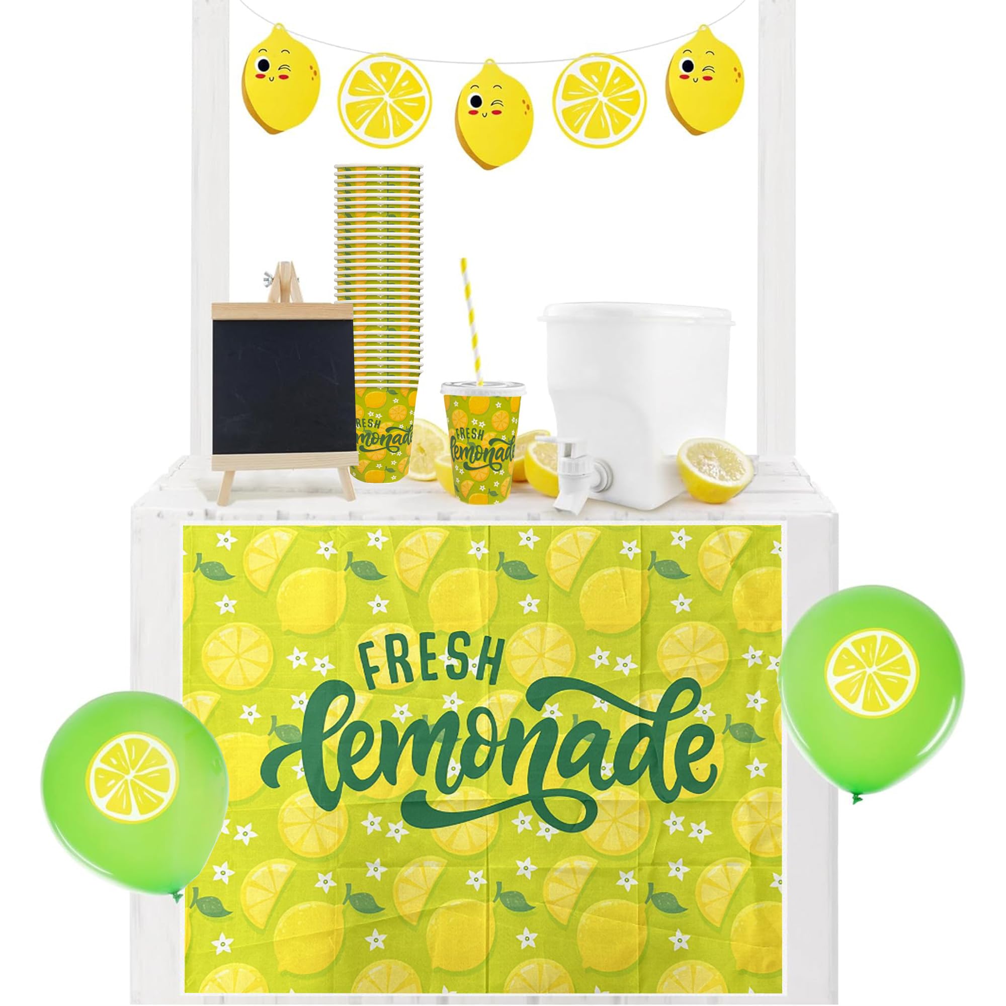 Green Fresh Lemonade Stand Supplies, Lemonade Stand Kit, Includes 3.5L Drink Dispenser, Lemonade Cups, Paper Straws, Garland, Latex Balloons, Board,