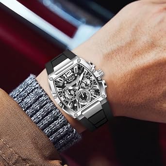 LIGE Men's Watch Skeleton Tonneau Square Chronograph Stainless Steel Quartz