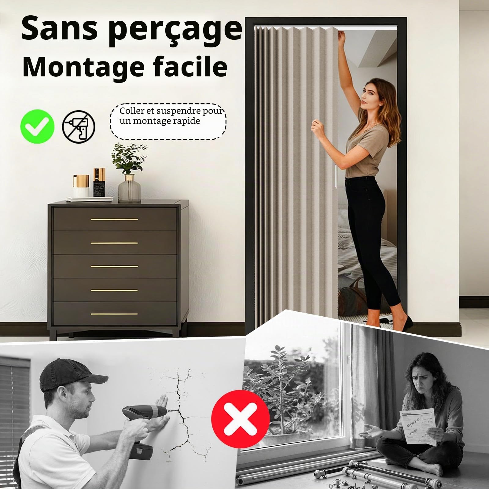 Jilron 100% Occultant pour Porte – Rideau Pliable Style Accordéon avec Fermeture Magnétique, Installation Adhésive sans Perçage, incl. Barre Adhésive, Occlusion & Protection Contre le Vent, Crème