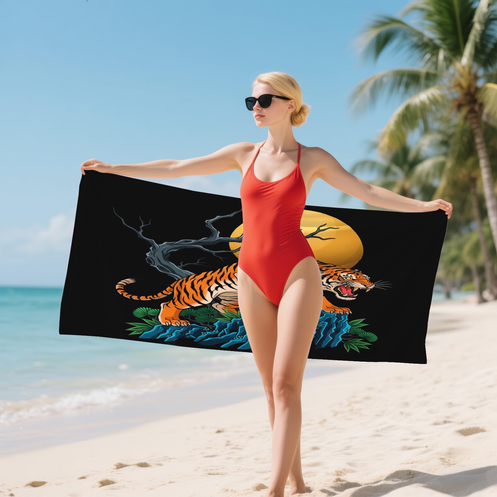 Serviette de Plage XXL Microfibre Tigre Style Asiatique Japonais, Drap de Plage Séchage Rapide Anti Sable & Légère, Serviette de Bain Grande Taille 150x200 cm, Accessoire & Cadeau été