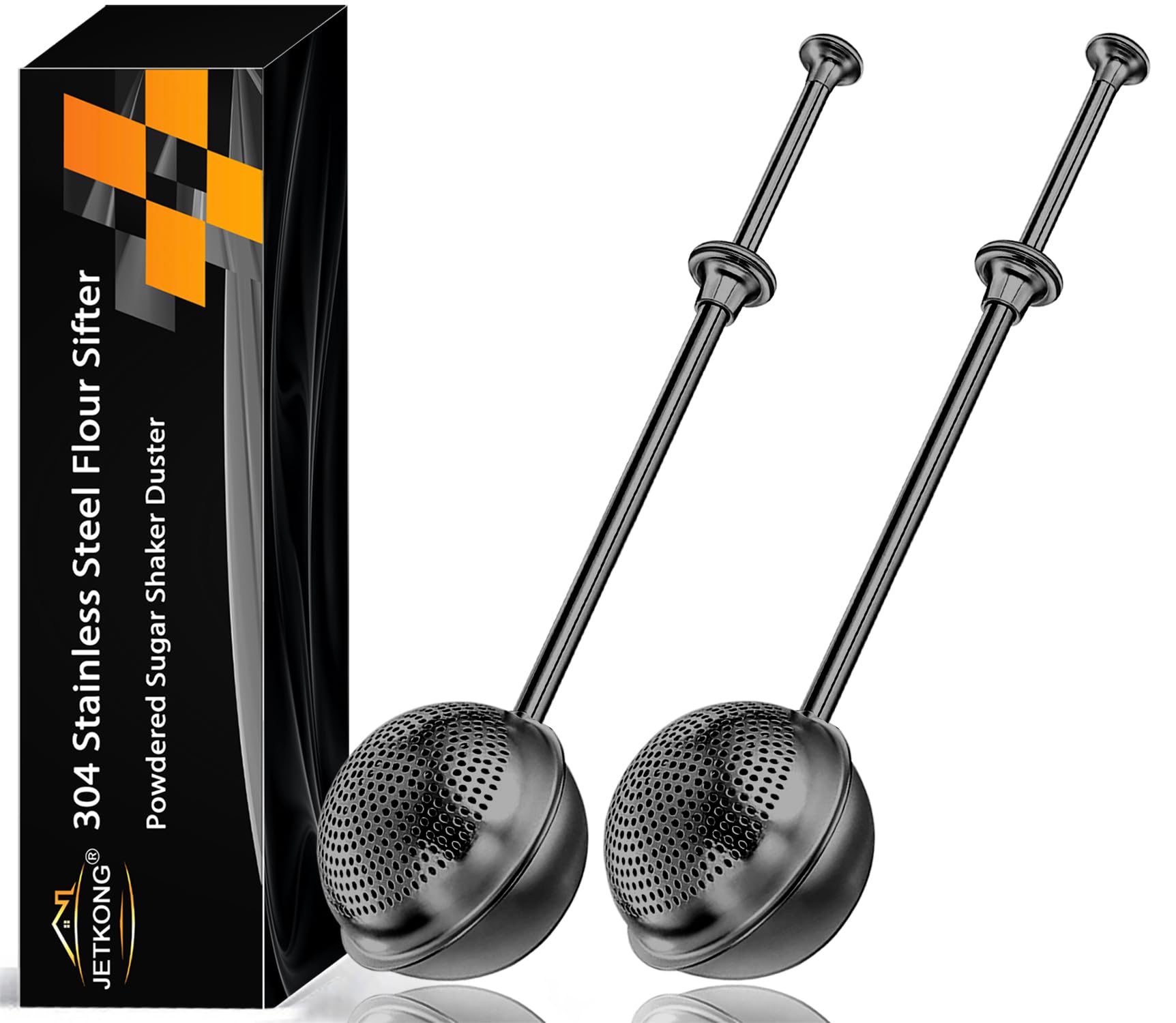 JETKONG Large Flour Sifter, Baking Sifters with 18/8 Stainless Steel Dusting Wand for Sugar, Flour and Spices, Set of 2 (Large, Black)