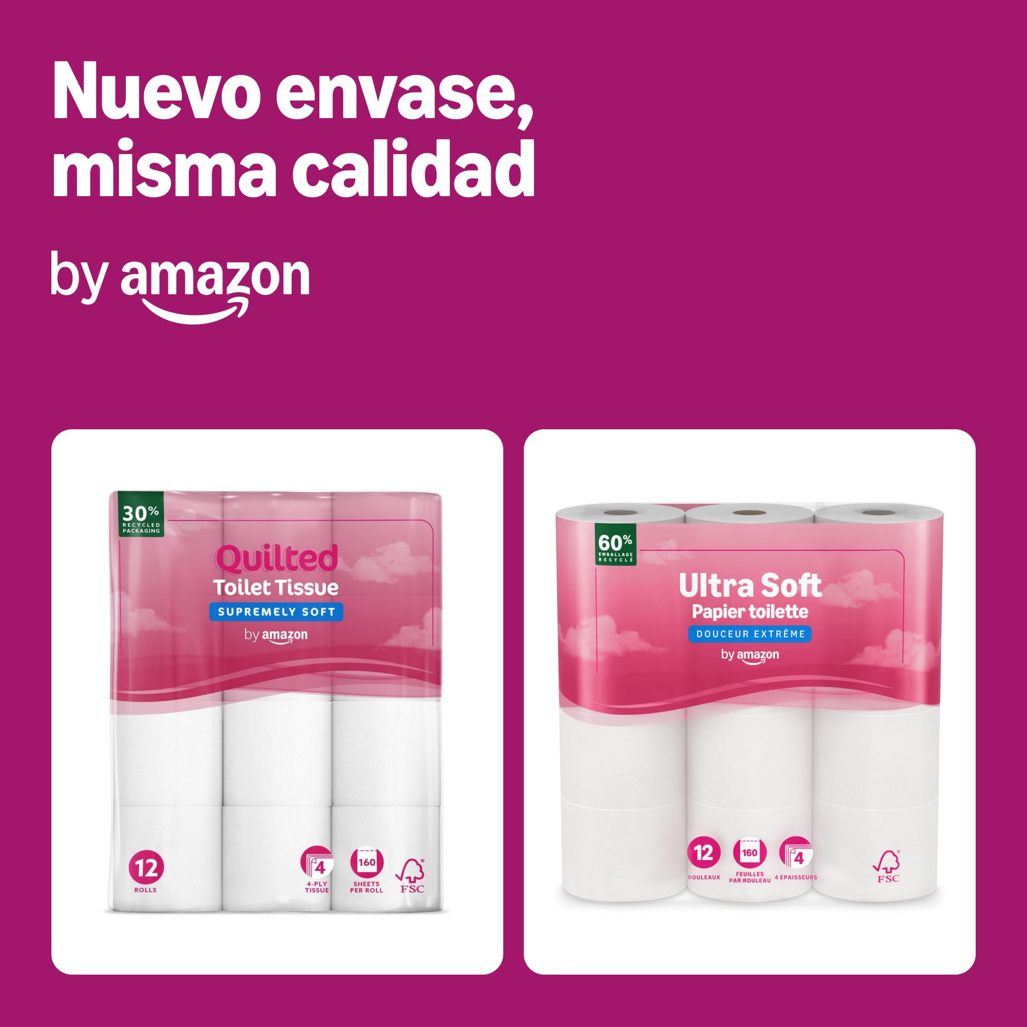 by Amazon 4 capas papel higiénico, Sin perfume, 160 hojas, 48 Unidad, 4 Paquetes de 12