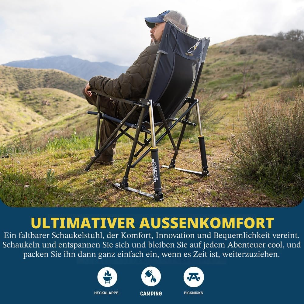 GCI Outdoor Roadtrip Rocker Campingstuhl | Tragbarer, klappbarer Schaukelstuhl mit soliden, langlebigen Armlehnen, Getränkehalter & bequemer verlängerter Rückenlehne – Indigoblau