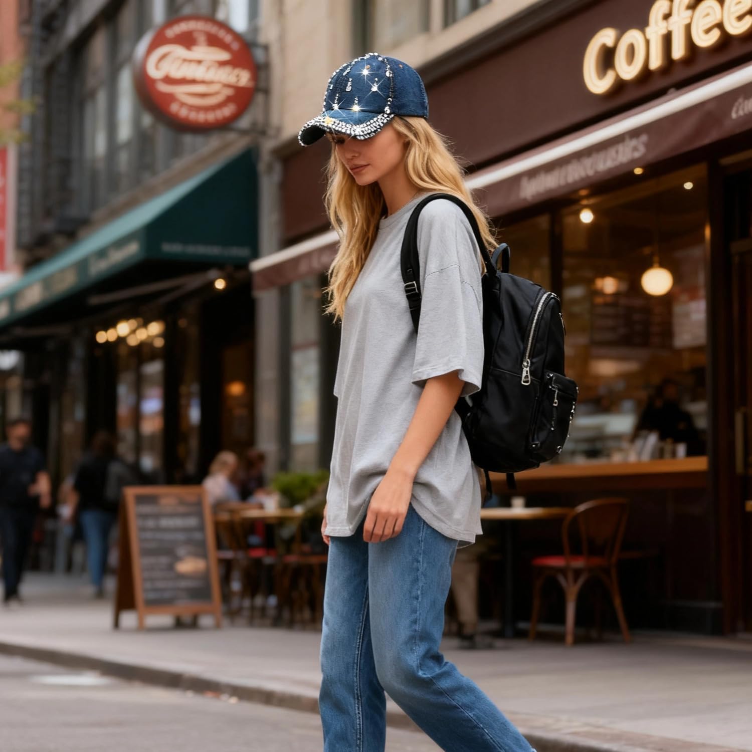 Bling Denim Baseball Cap for Women Jean Hip Hop Rhinestone Hat Jersey Shore Hat Adjustable - Image 2