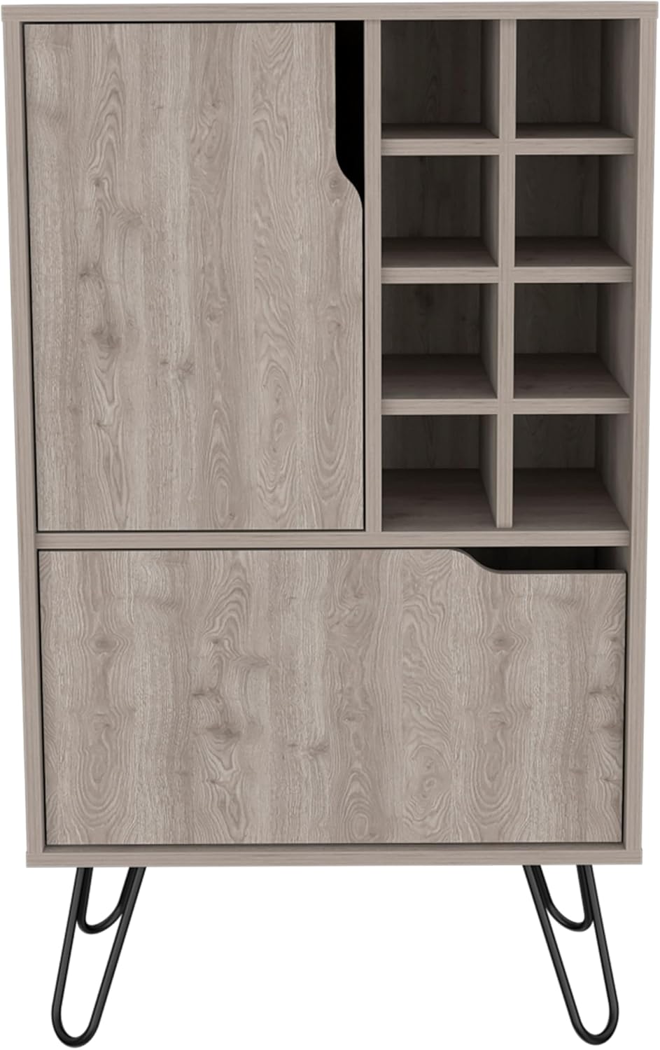 Tuhome Manhattan L Bar Cabinet with Eight Built-in Wine Cubbies, Dual Single-Door Storage Cabinets, Integrated Stemware Rack, Modern Entertaining Bar Unit for Liquor Display, Glassware Organization.