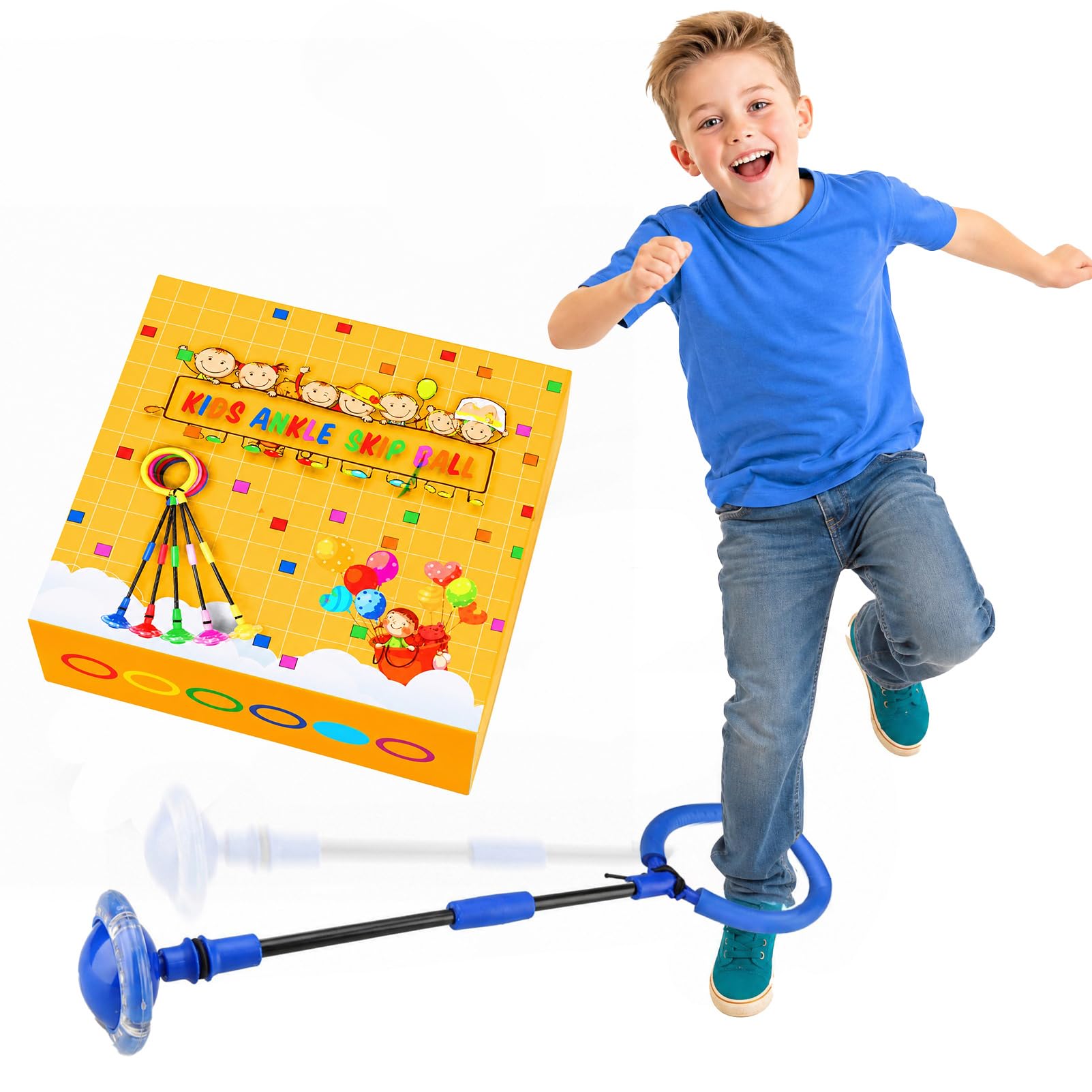 1 Pack Blue Ankle Skip Ball with Flashing Wheels, Foldable Outdoor Sports Toy, Fun Garden Games for Kids Girls Boys Birthday Gifts Age 5 6 7 8 9 10+
