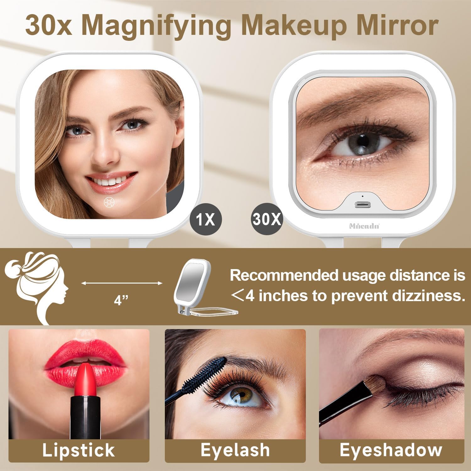 Mocado Compact Travel Makeup Mirror, 1X/30X Magnifying Mirror with Light, Double Sides Compact Mirror with 3 Color Light, Dimmable Handheld Mirror, Rechargeable Travel for Purse,Pocket(White) - Image 4