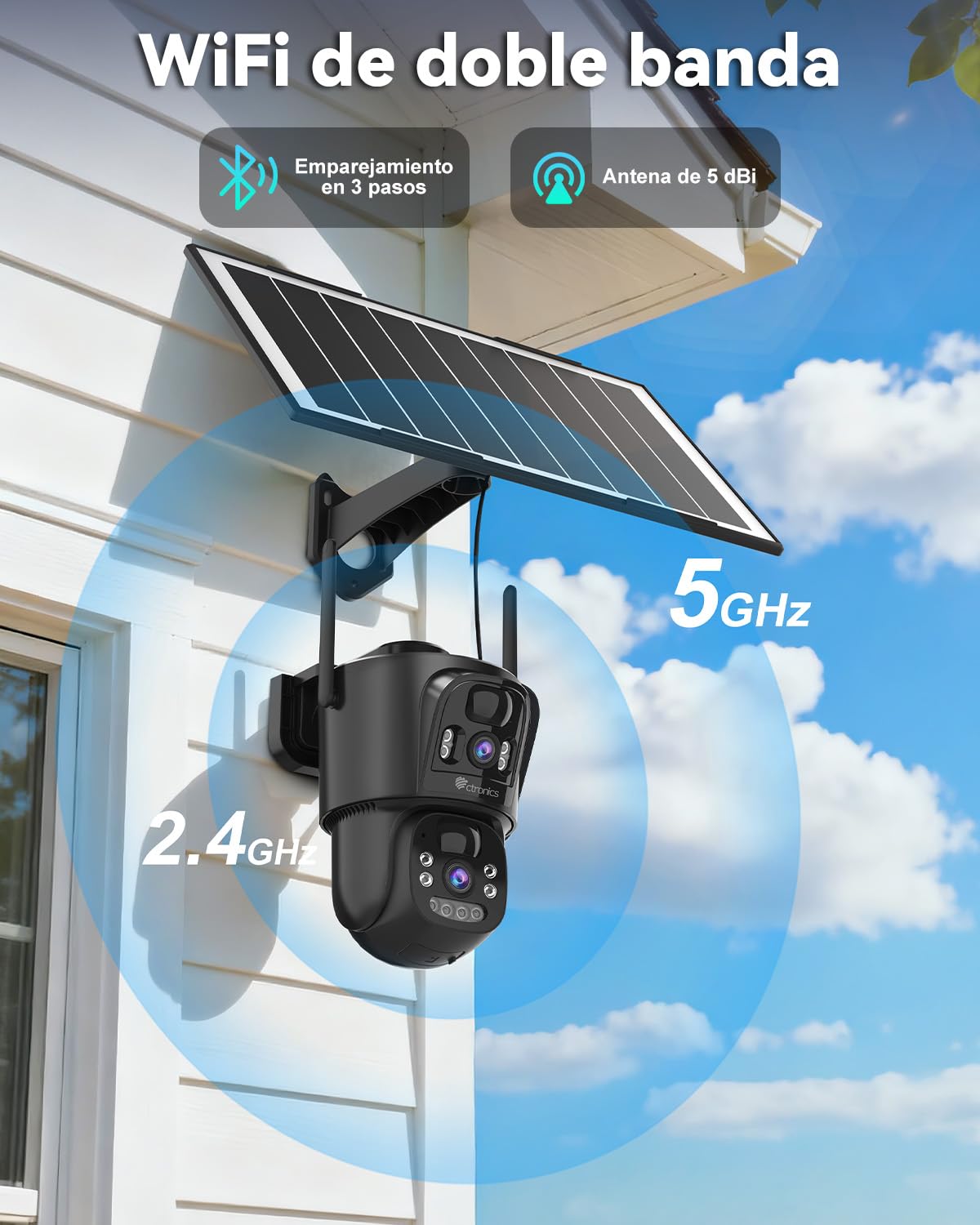 Ctronics Doble Lente Cámara Vigilancia WiFi Exterior Solar | 2.4/5GHz WiFi Camara sin Cables, 8W Panel Solar & 10400mAh Batería, Dual PIR, Visión Nocturna Color, 128GB TF/Cloud/PC, IP66
