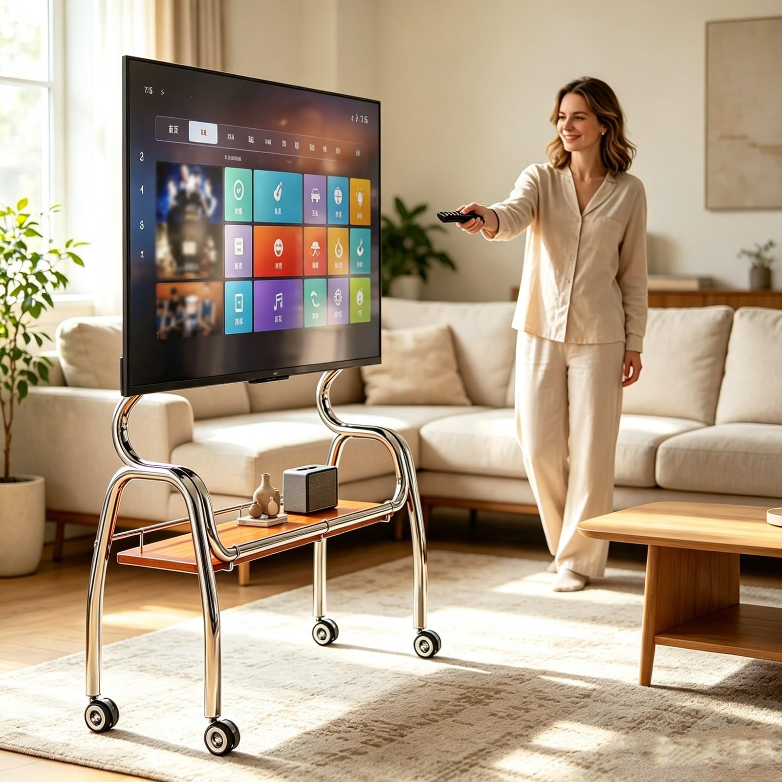 Supporto TV Mobile, Carrello TV Portatile Autoportante | Ruote Bloccabili a 360°, Ripiano Portaoggetti, Compatibile con TV Piatti da 32–75 Pollici(White,120cm/47in)