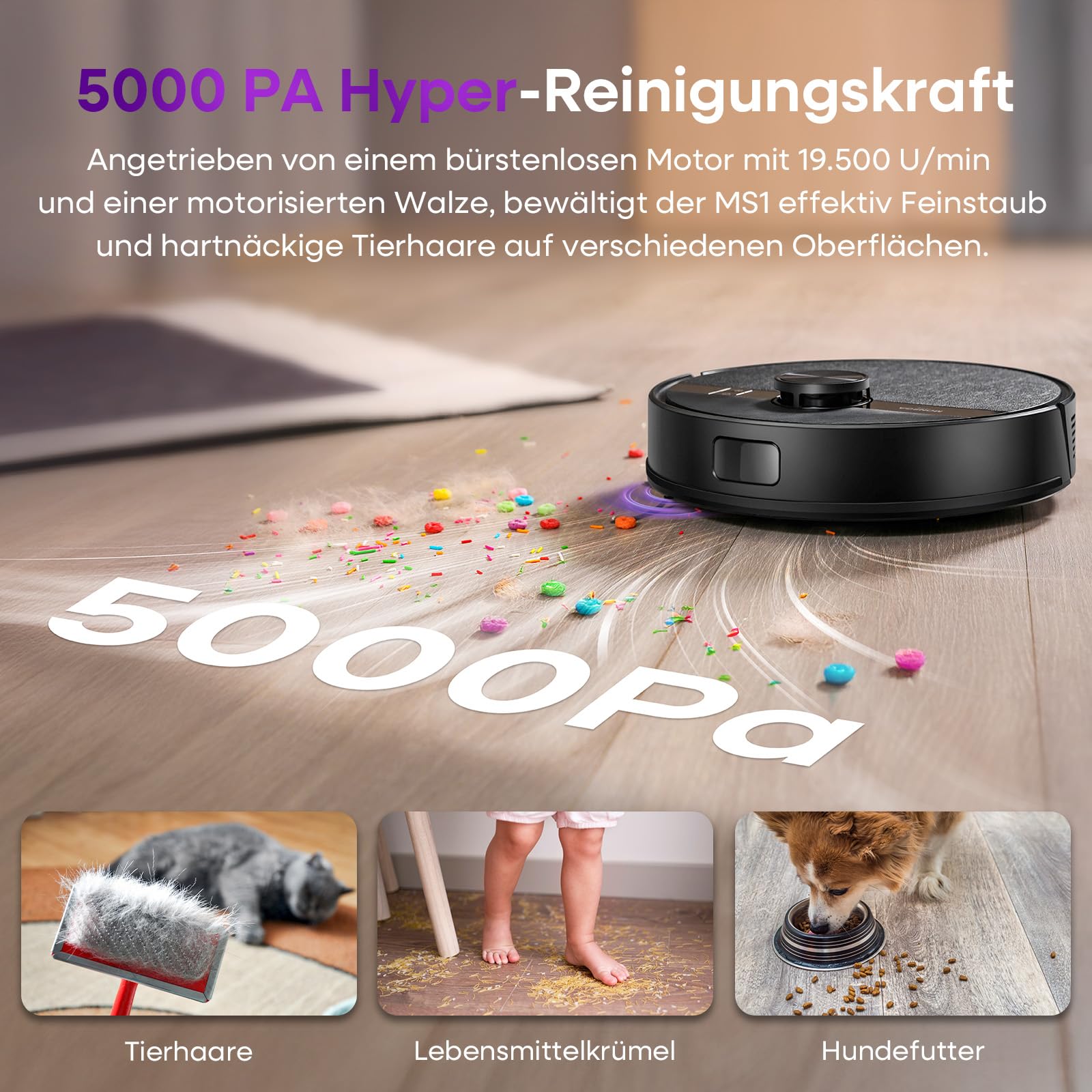 MONSGA Saugroboter mit Wischfunktion,5000Pa Saugkraft,180Min Laufzeit,Anti-Tangle-System,LiDAR Navigation, Staubsauger Roboter für Teppich, Tierhaare, APP & Fernbedienung Steuerung (Schwarz)