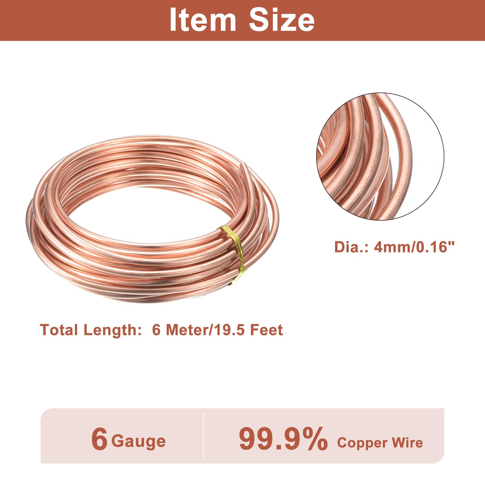 QUARKZMAN Alambre De Cobre Suave (Calibre 6, 19.5 Pies), Alambre De Cobre Desnudo 99.9% Puro 4mm Alambre Sólido Para Manualidades Decoración Jardinería DIY (6 Metros)