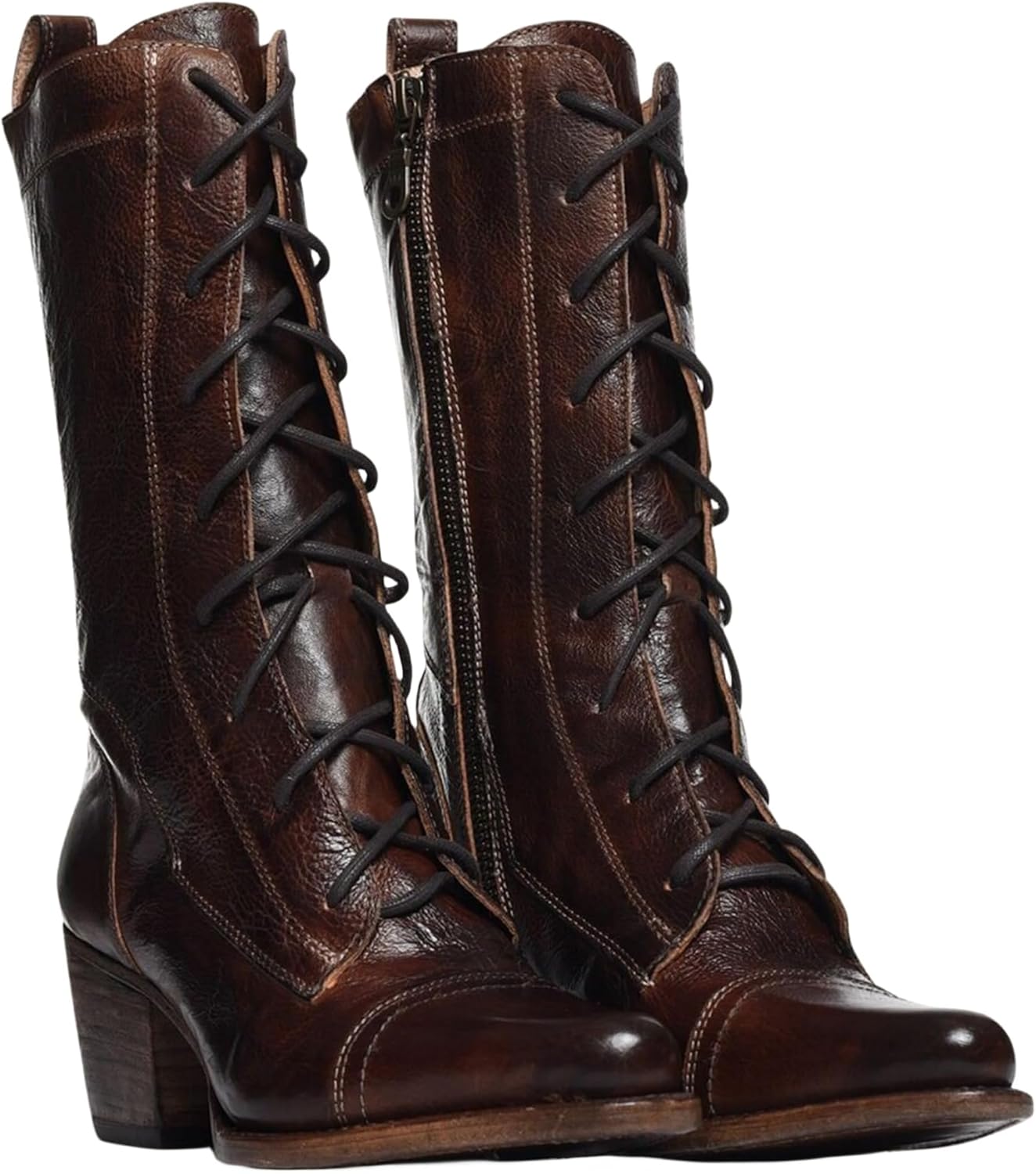 Victorian Boots for Women,Vintage Womens Classic Chunky Block Heel Lace Up Side Zipper Mid Calf Retro 70s Leather Knight Halloween Kitten Almond Toe Dressy Winter Party Gothic Costume Witch Shoes