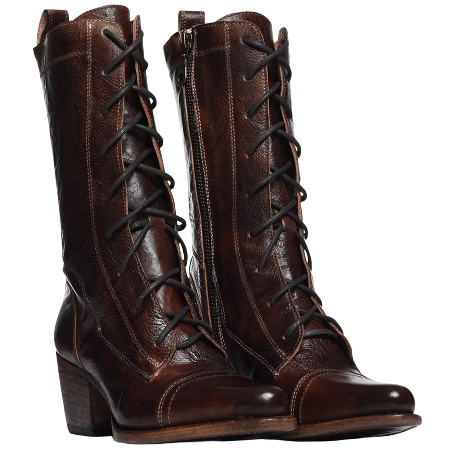 Victorian Boots for Women Halloween Vintage Mid Calf Boots Lace Up Kitten Heel Almond Toe Chunky Block Side