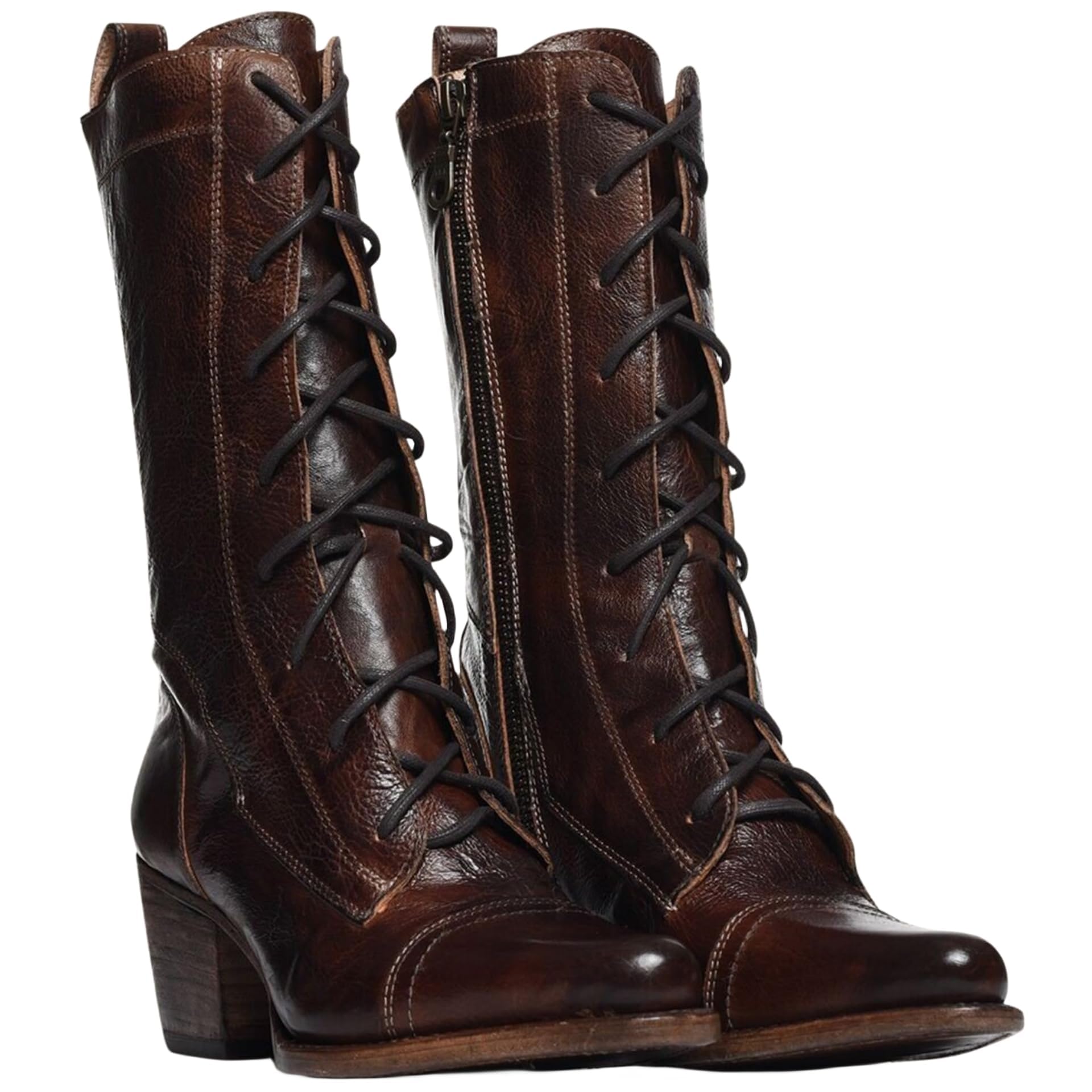 Victorian Boots for Women Halloween Vintage Mid Calf Boots Lace Up Kitten Heel Almond Toe Chunky Block Side
