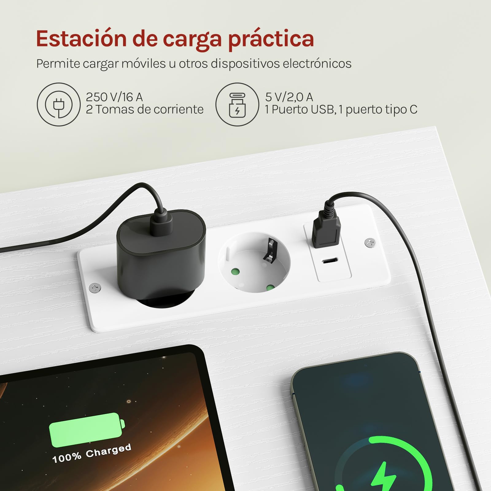 WOLTU Mesa Escritorio con 2 Cajones y 2 Estanterías, Puerto USB Tipo C y Estación de Carga, Portavasos y Gancho, para Estudio y Oficina, 120x51x75 cm, Blanco