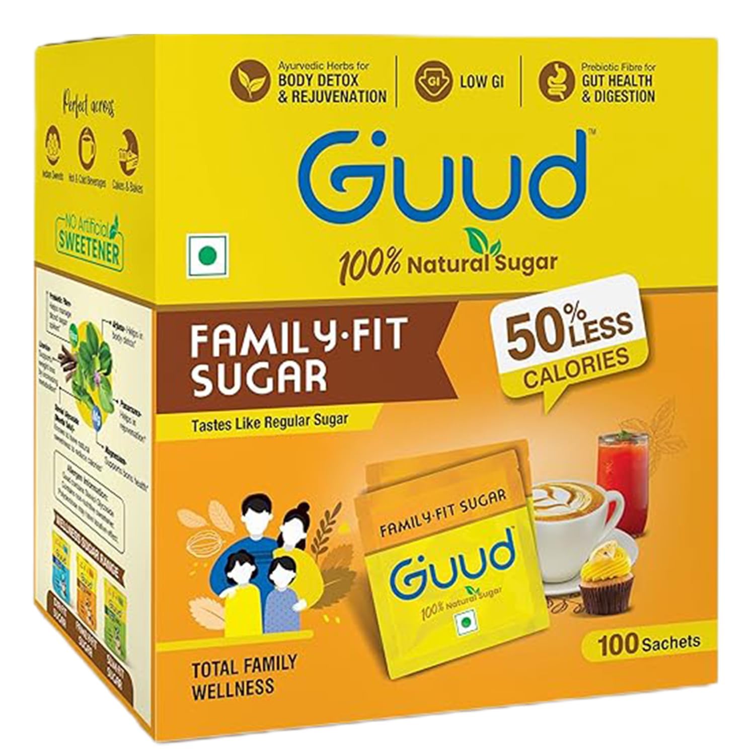 Guud - Family Fit Sugar 100 Sachets | ½ use for same sweetness | 50% Less Calories than Regular Sugar | Low Glycemic Index and Sulphur Free | 100% Natural | Enriched with Herbs | Healthy & Nutritious (B0CPG81JQJ) Amazon Price History, Amazon Price Tracker