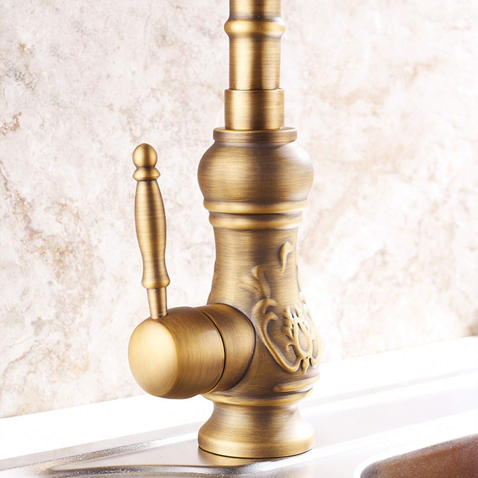 Grifo De Cocina, Grifo De Fregadero Giratorio a 360°, Caño Alto, Latón Monomando Mezclador De Fregadero, Para Agua Caliente Y Fría, Diseño Elegante, Estilo Antiguo, Bronce