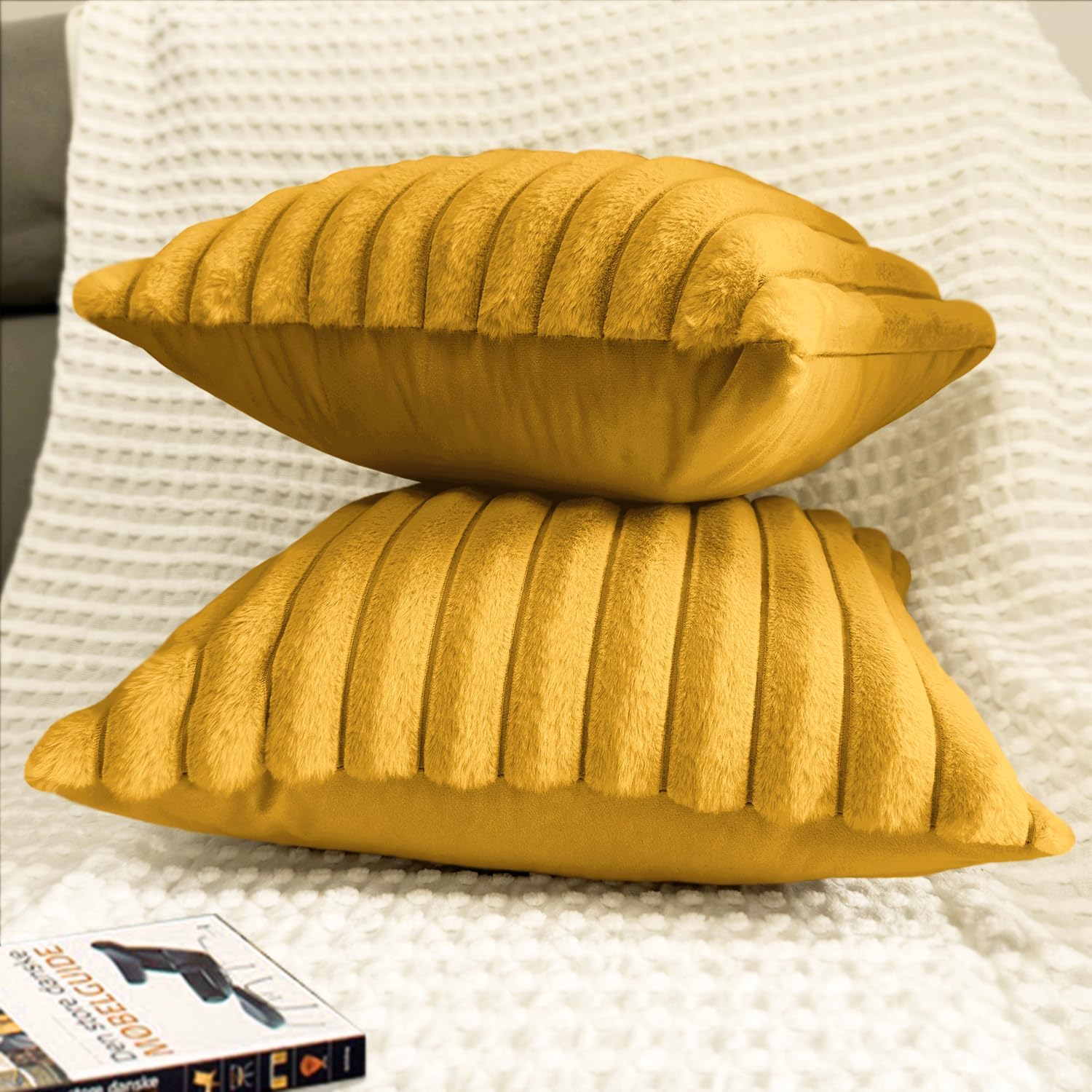 2 Pack 18x18 Pillow Cover Velvet Pillow Covers, Faux Fur Square Throw Pillow Covers for Living Room Decorations Throw Pillow Case, Throw Pillow Cover Cushion Cover for Sofa Bedroom Car, Mustard Yellow