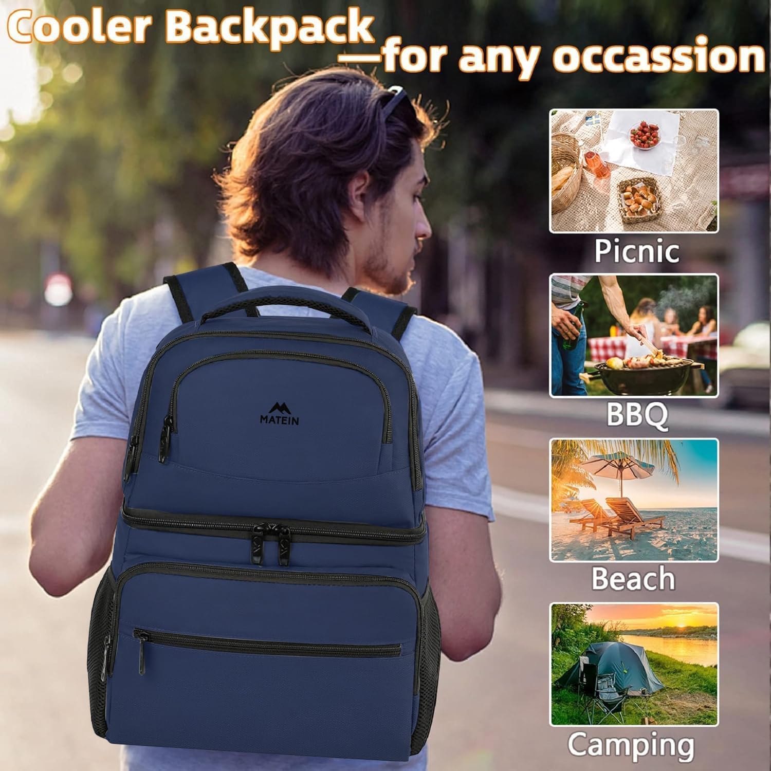 MATEIN Zaino Termico porta Pranzo, Borsa Termica con Scomparto Termico 34L Grande Capacità, Impermeabile Zaini per Picnic, Lavoro, Spiaggia, Campeggio, Escursionismo, Regalo per Uomo Donna, Blu