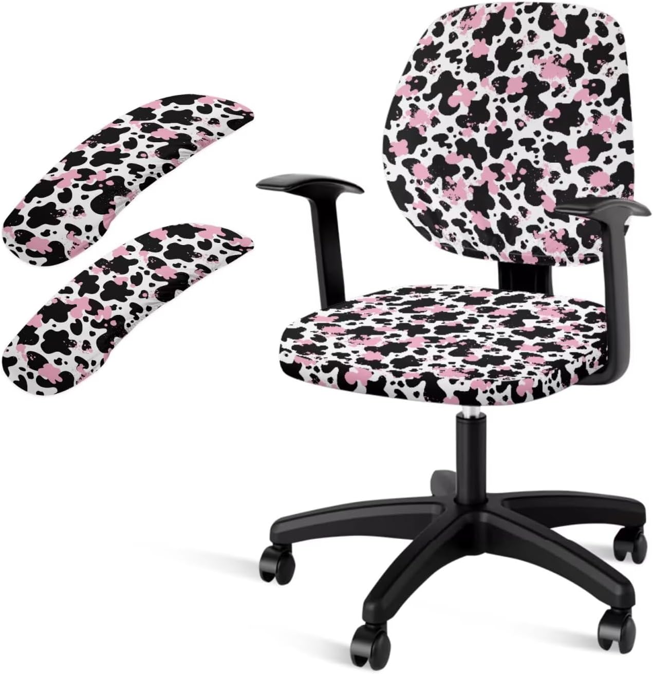Pink Black Cow Spot Computer Chair Cover with Armrest Slipcovers Washable Stretchable 4 Pieces Set Boss Chair Protector Anti-Slip Universal High Back Chair Protector