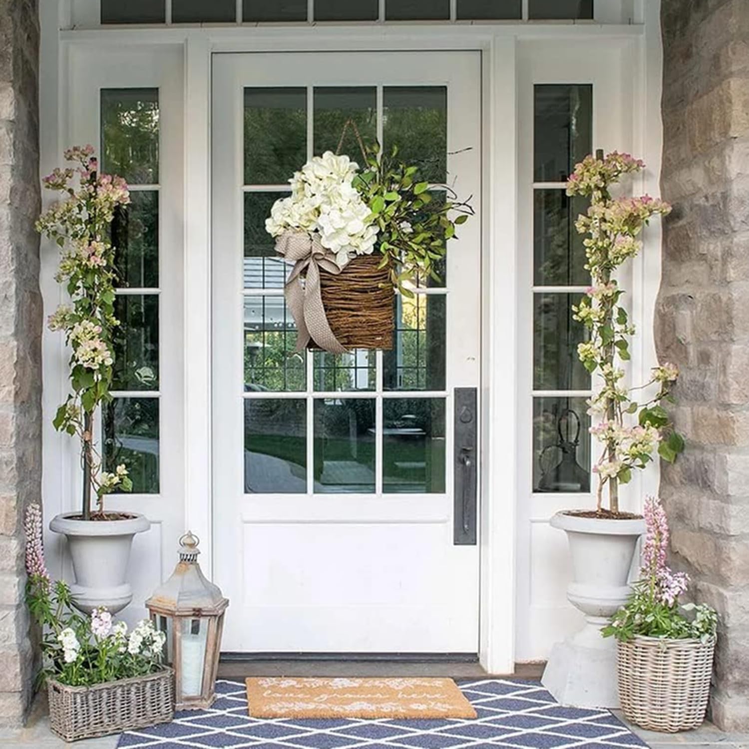Wildflowers Basket Wreaths for Front Door, Spring Door Hanging Baskets Artificial Flowers Wreath Hanging Ornament for Farmhouse Window Porch Door Decor (C)