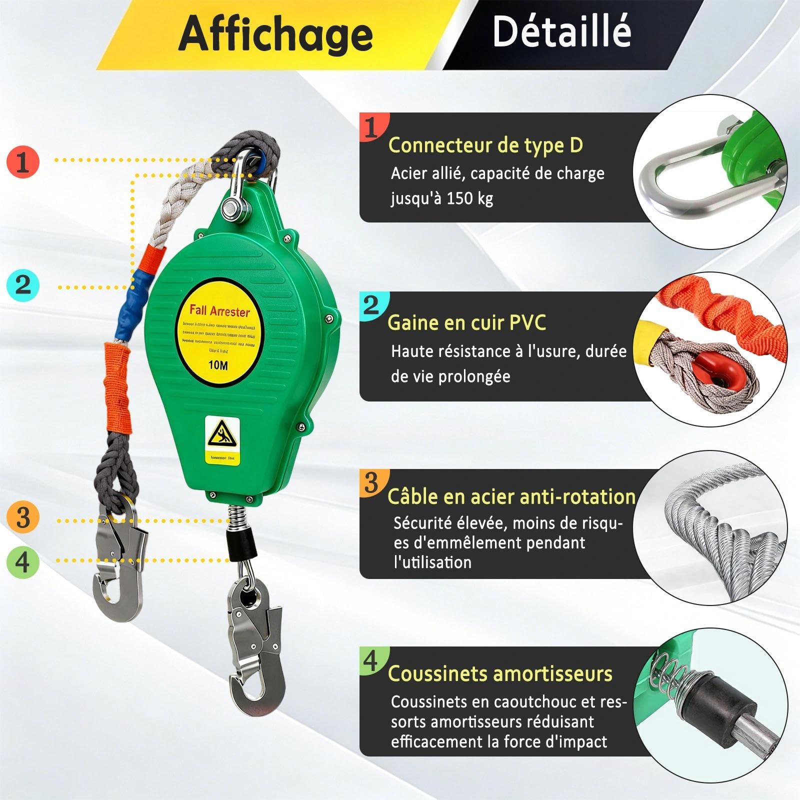Dispositif Antichute a Rappel Automatique 3-20m, 150kg Harnais de Securite Anti Chute Toiture Certifié, Stop Chute Toiture Rétractable avec Crochet de Sécurité Autobloquant(Vert,5m)