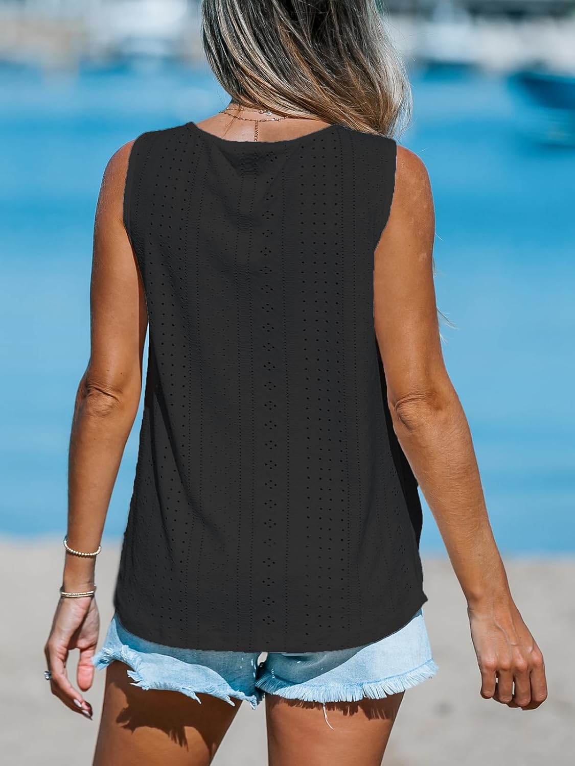CUPSHE Women Eyelet Tops V Neck Embroidered Jersey Tank Lace Cutout Blouses Tee Sleeveless Shirt Casual - Image 2