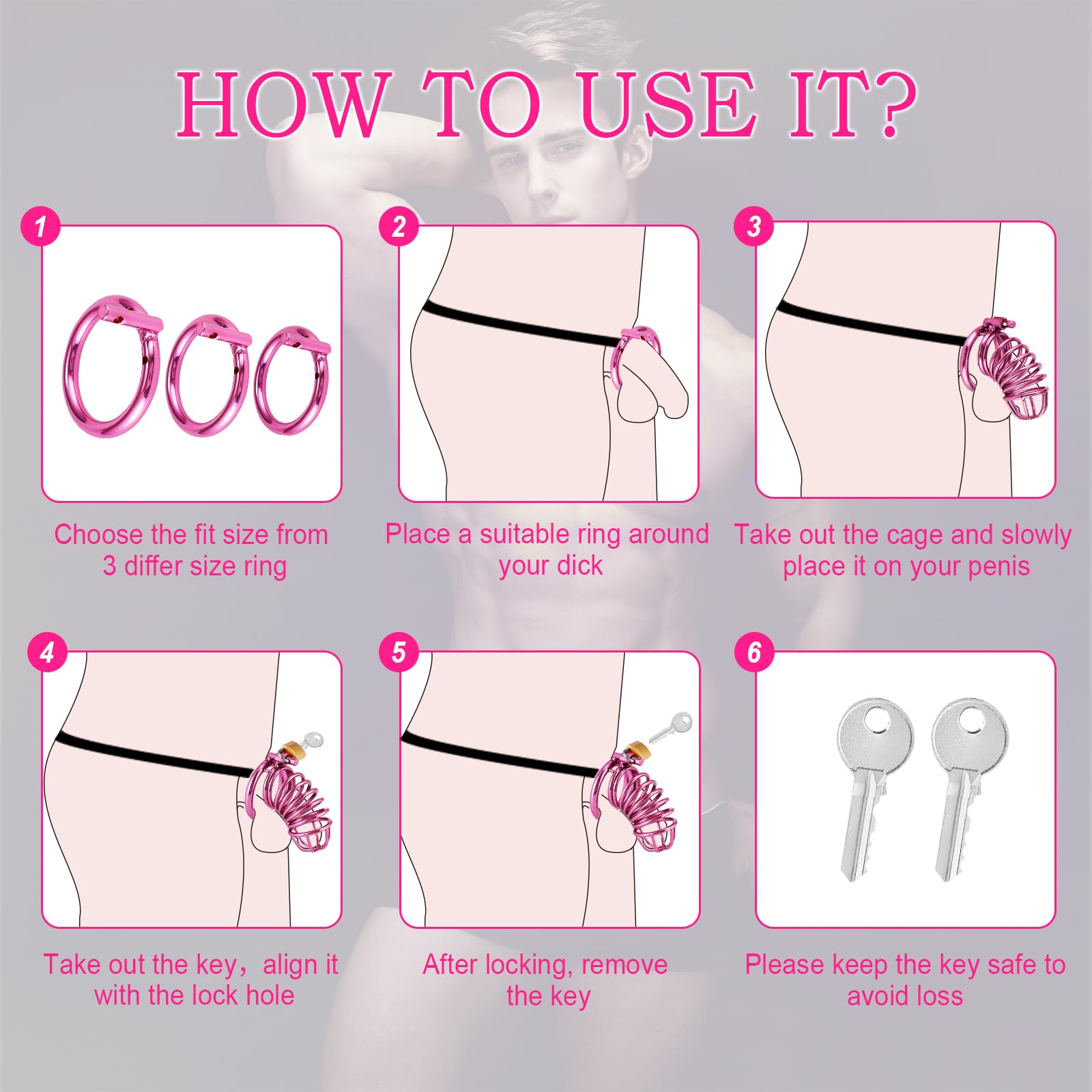 Gabbia Per Pene - Chastity Cage Con Cintura Di Castità, Gabbia Di Castità Uomo Anelli In 3 Misure (4 cm, 4,5 cm, 5 cm) Cock Cage Lilla In Metallo, Gabbia Pene Bondage BDSM Sex Toy Per Uomini