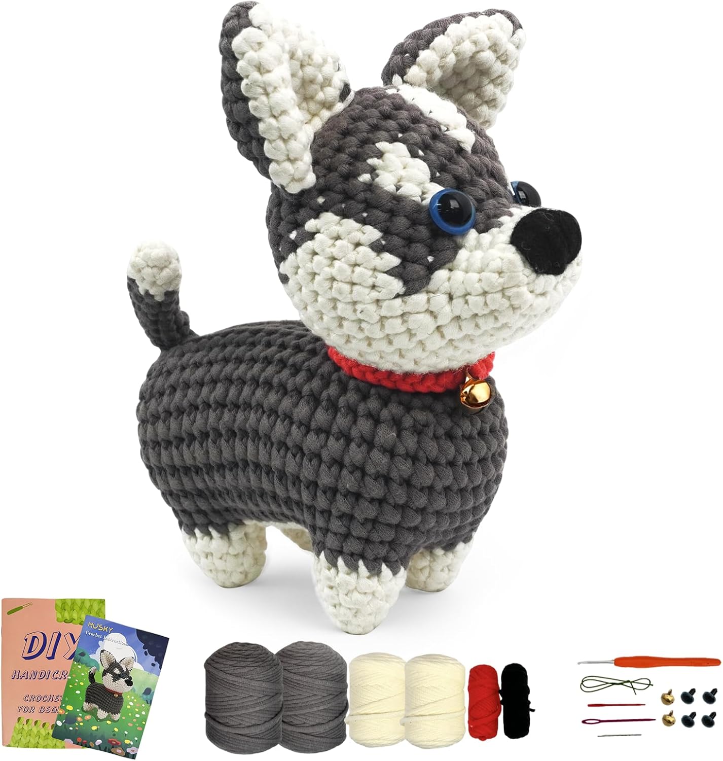 ABOUT RIGHT Crochet Kit for Beginners, Large 6.7” Husky Puppy Amigurumi Starter Kit with Step-by-Step Video Tutorials, Complete DIY Animal Crochet Set for All Ages, Style: Husky